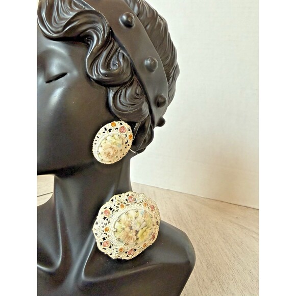 Vintage Jewelry - Germany Floral Enamel Hand-Painted Brooch, Clip on Earrings Set Rhinestone Vtg